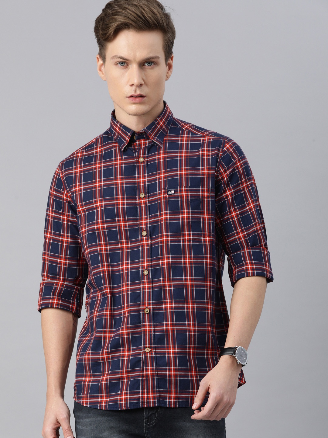 

Arrow Sport Men Navy Blue & Red Slim Fit Tartan Checked Pure Cotton Casual Shirt
