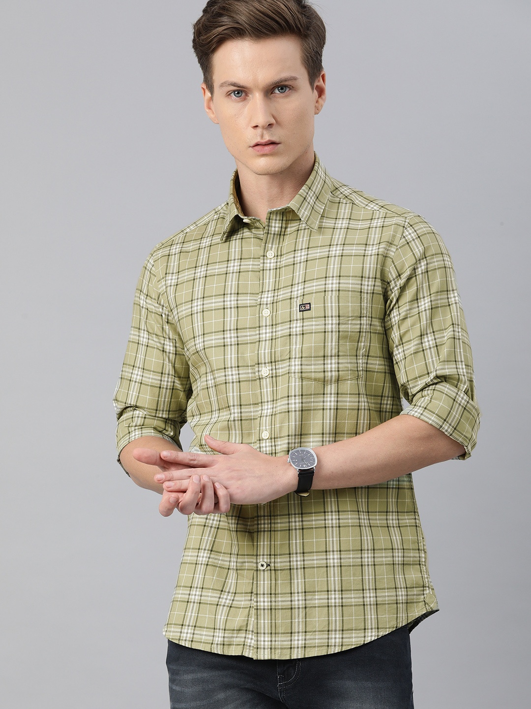 

Arrow Sport Men Beige & White Slim Fit Tartan Checked Pure Cotton Casual Shirt