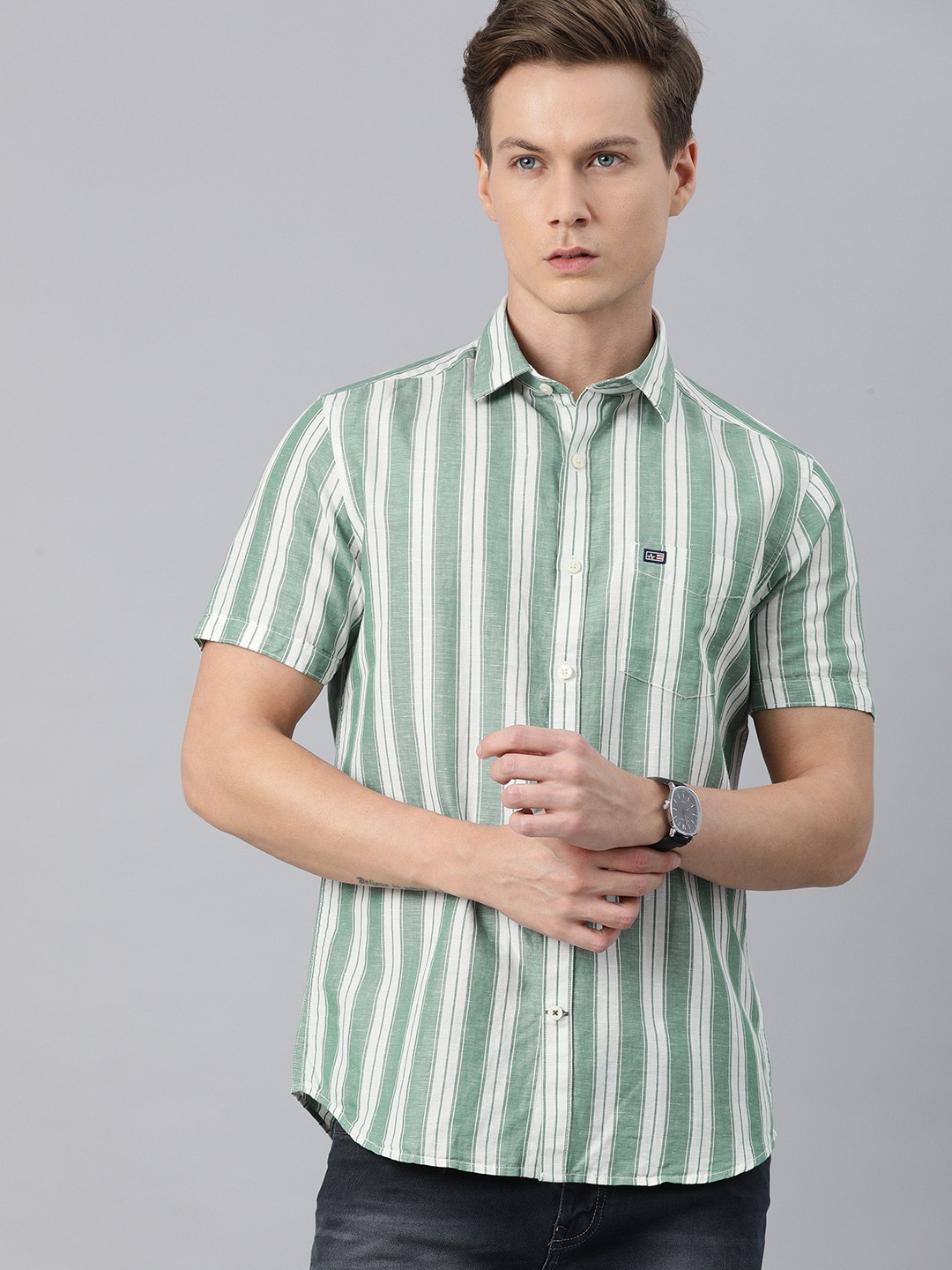 

Arrow Sport Men Green Slim Fit Striped Cotton Linen Casual Shirt