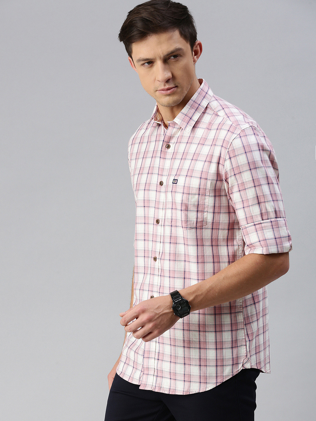 

Arrow Sport Men White & Pink Slim Fit Tartan Checks Checked Casual Shirt