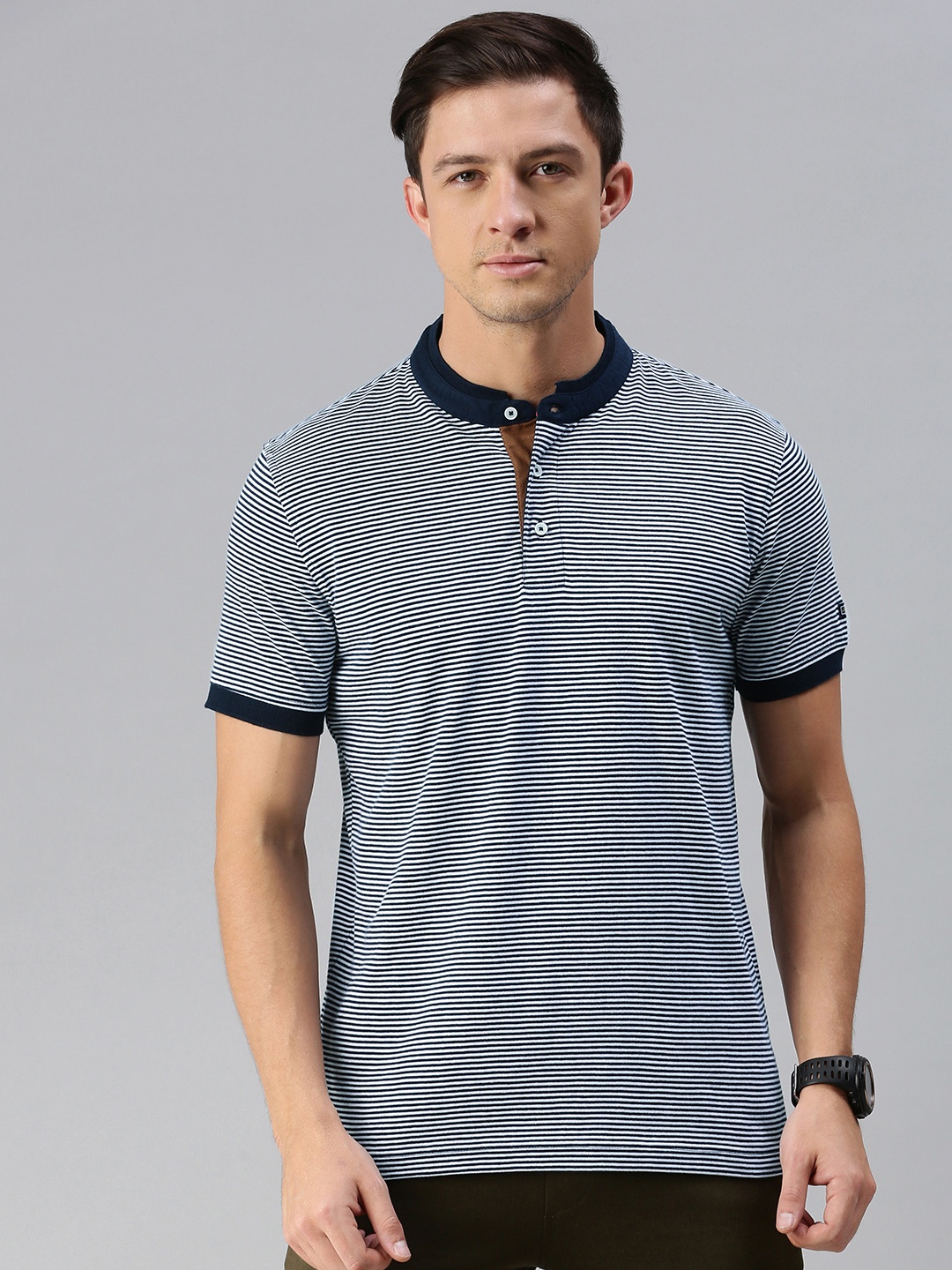

Arrow Sport Men Navy Blue & White Striped Mandarin Collar T-shirt