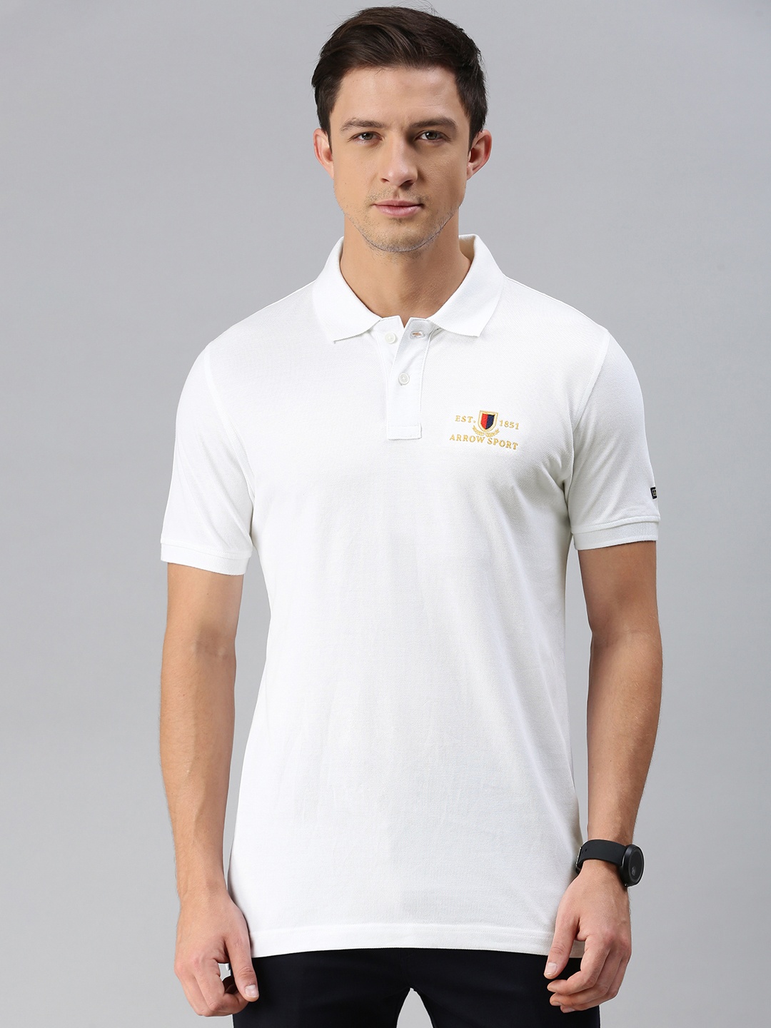 

Arrow Sport Men White Brand Logo Printed Polo Collar Pure Cotton T-shirt