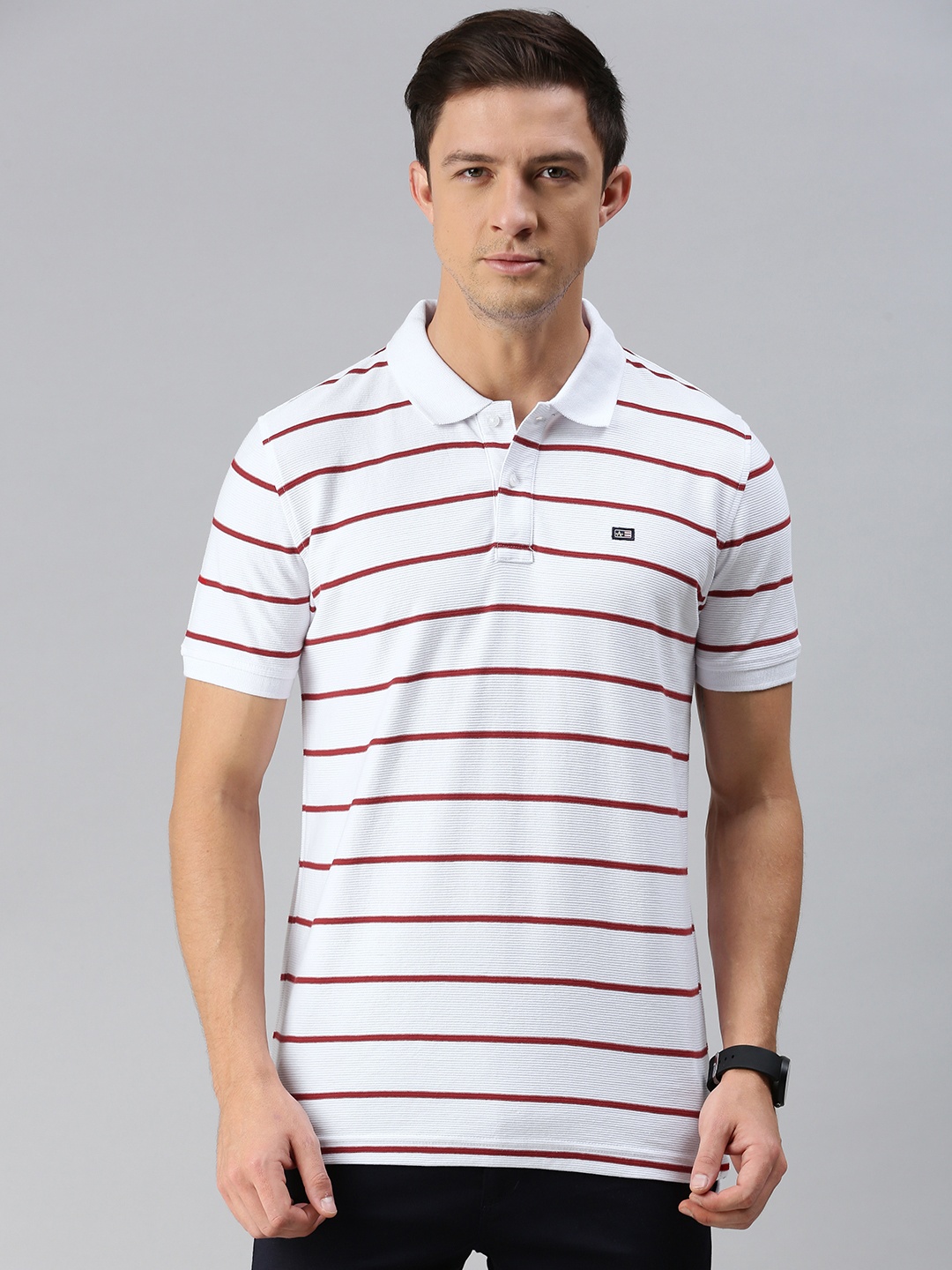 

Arrow Sport Men White Red Striped Polo Collar Pure Cotton T-shirt