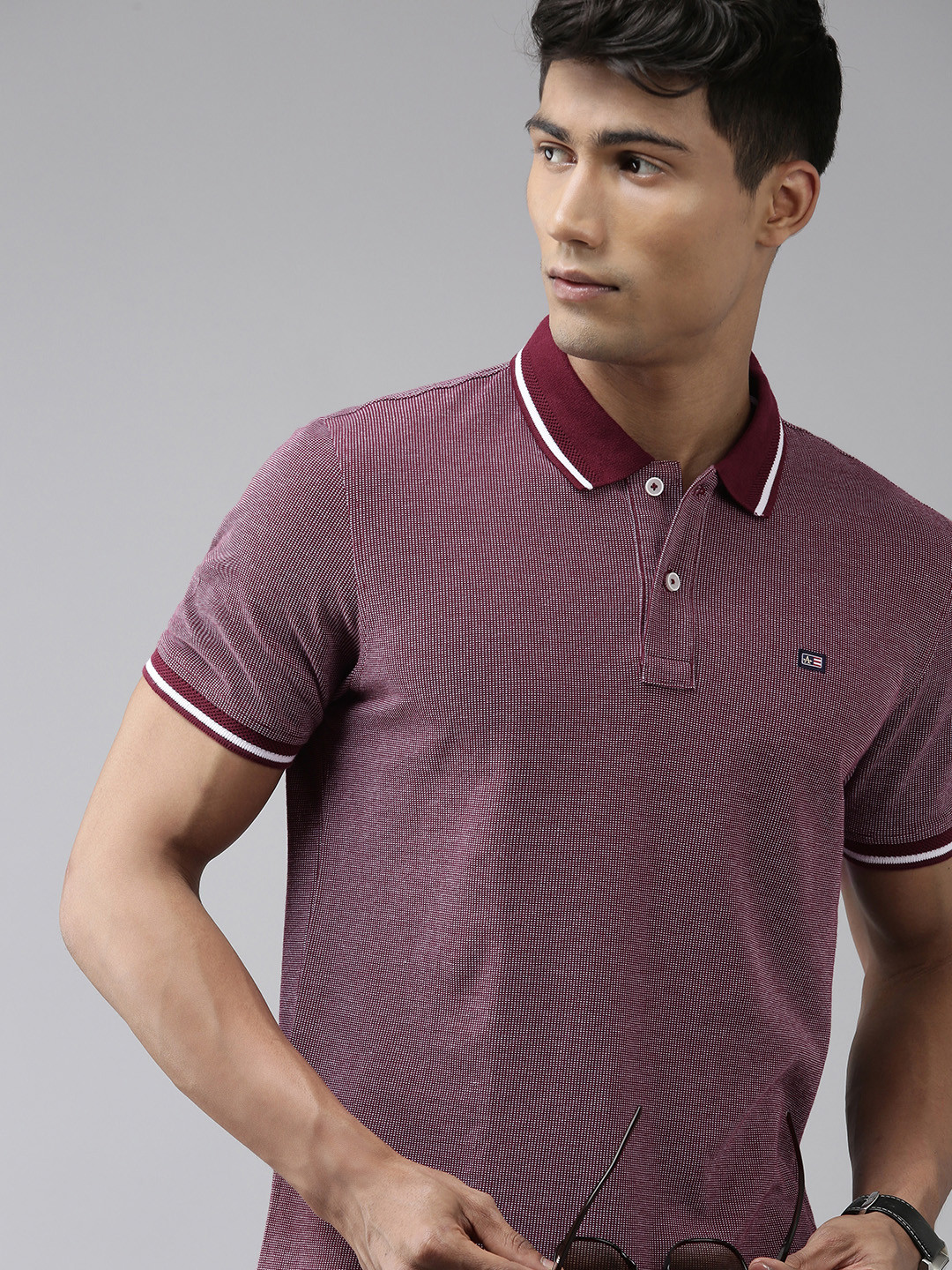 

Arrow Sport Men Maroon White Brand Logo Checked Polo Collar Pure Cotton T-shirt