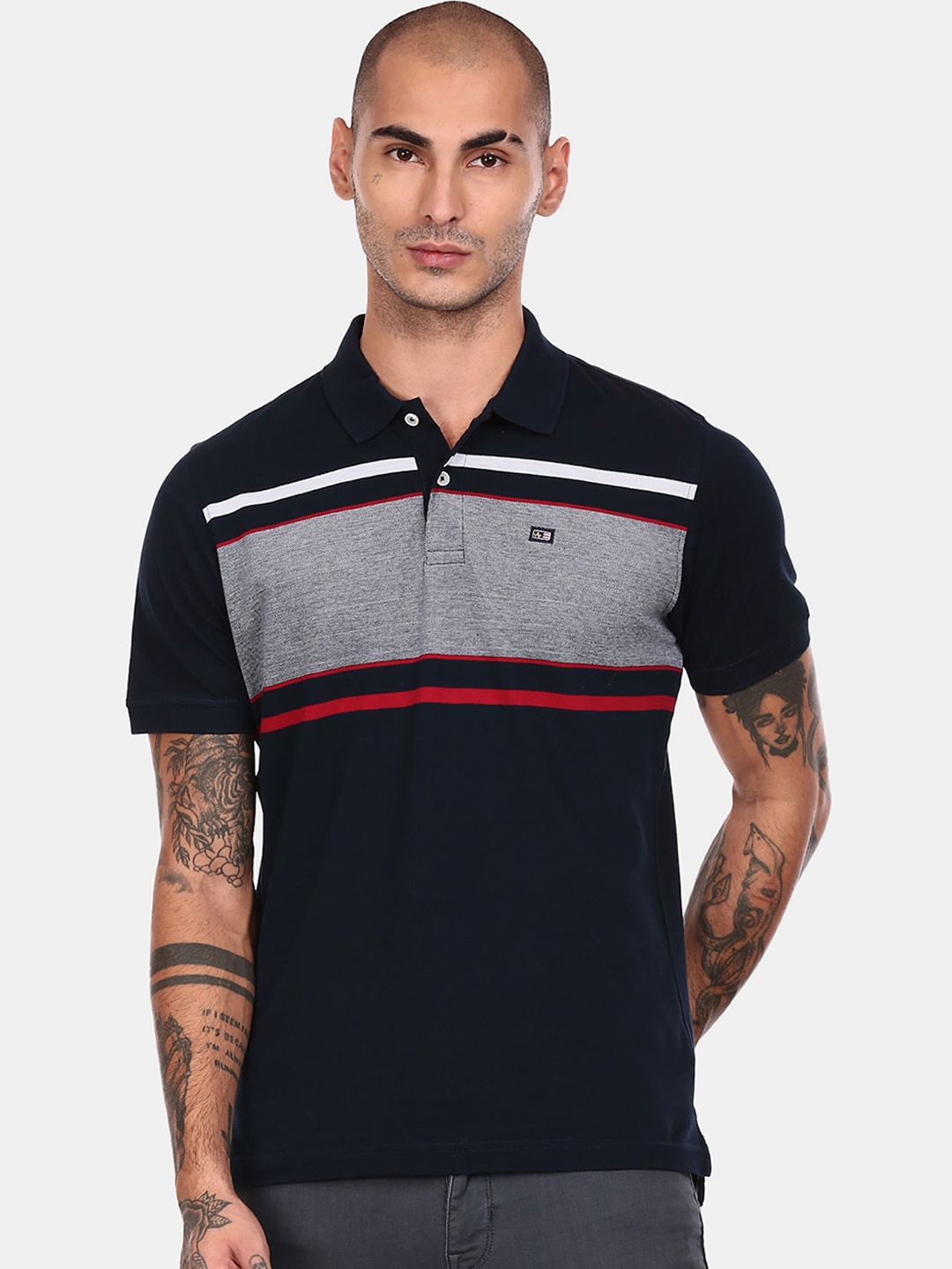 

Arrow Sport Men Navy Blue & Grey Striped Polo Collar T-shirt