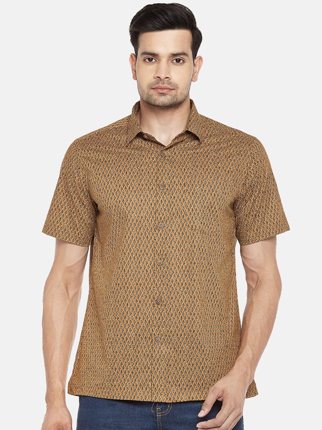 

indus route by Pantaloons Men Brown & Beige Slim Fit Leaf Print Cotton Casual Shirt