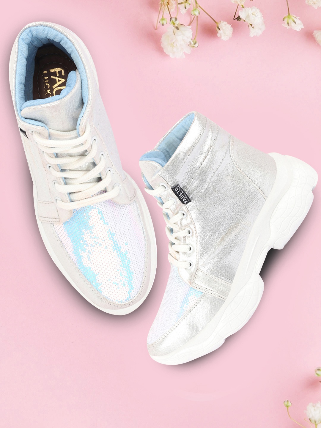 

FAUSTO Women Silver-Toned Textured PU High-Top Flat Boots