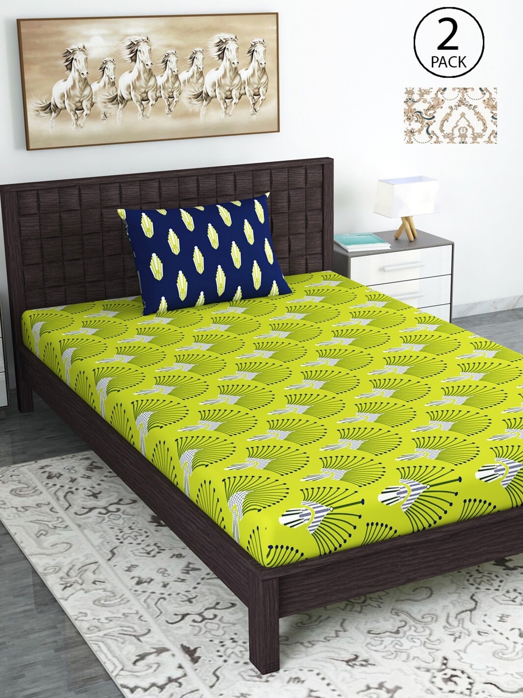 

Divine Casa Green & White Ethnic Motifs 144 TC Cotton 2 Single Bedsheet with 2 Pillow Covers