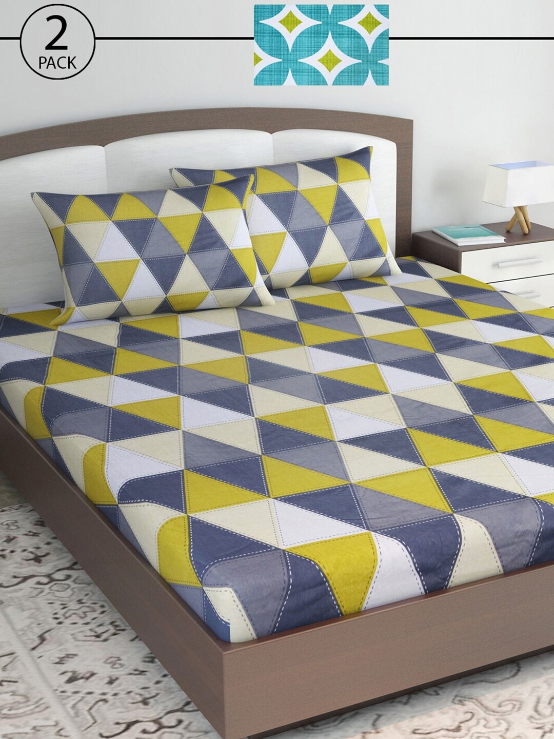 

Divine Casa Green & Blue Geometric 144 TC Cotton 2 Queen Bedsheet with 4 Pillow Covers