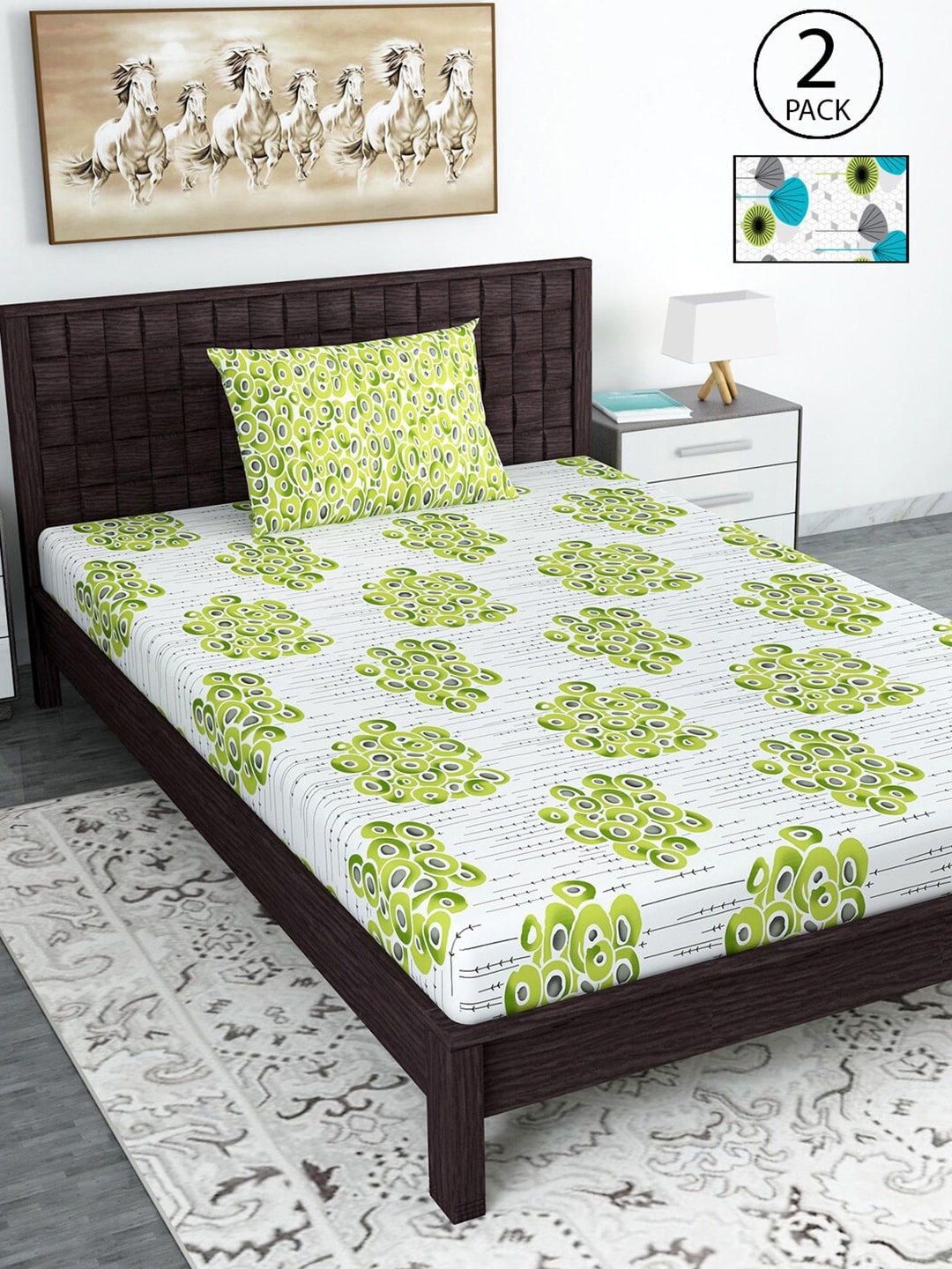 

Divine Casa White & Green Geometric 144 TC Cotton 2 Single Bedsheet with 2 Pillow Covers
