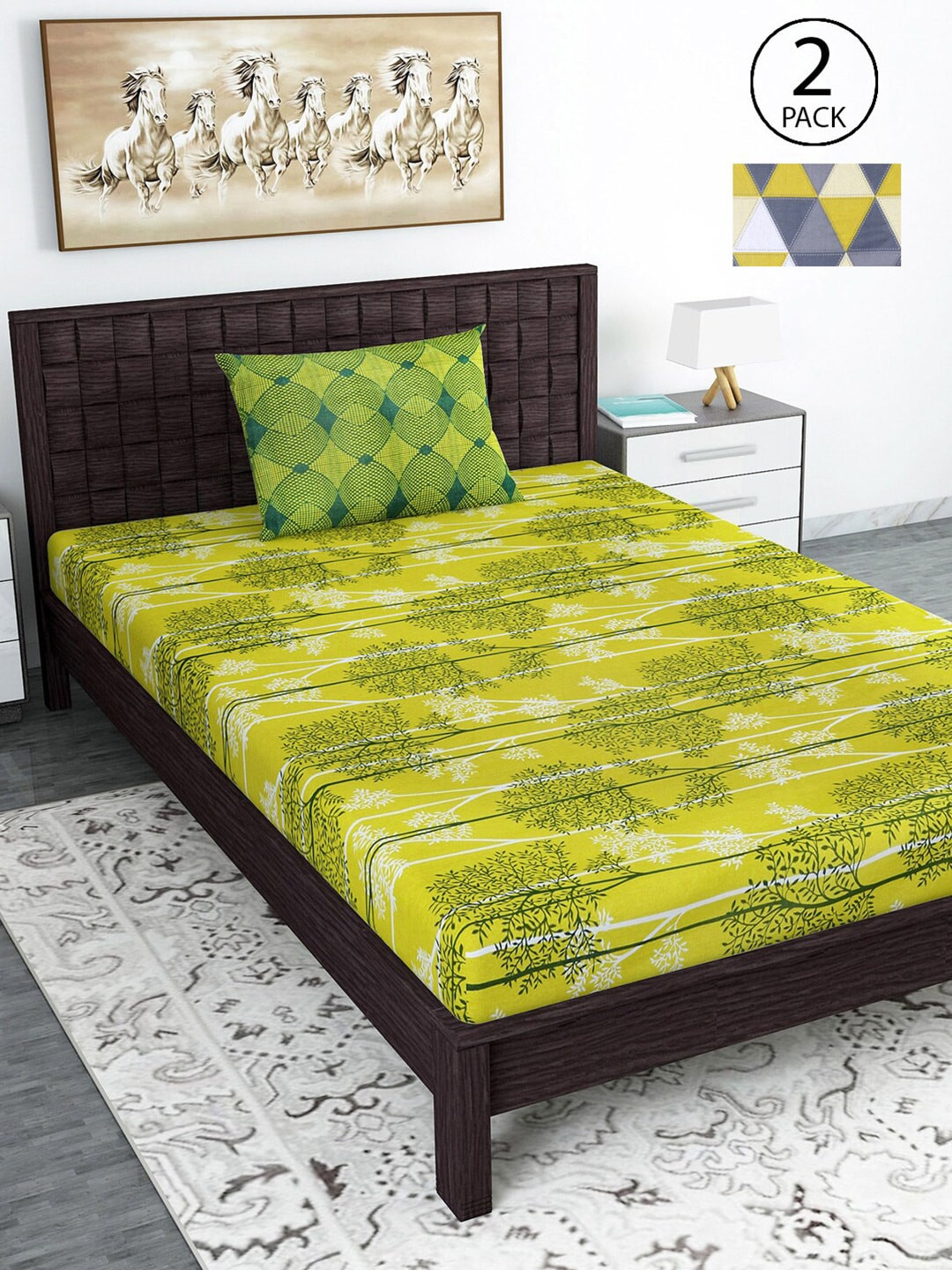 

Divine Casa Green & Grey Geometric 144 TC Cotton 2 Single Bedsheet with 2 Pillow Covers