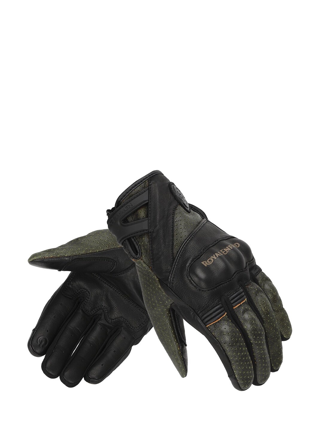 

Royal Enfield Men Black & Olive-Green Colour-Blocked Leather Stalwart Riding Gloves