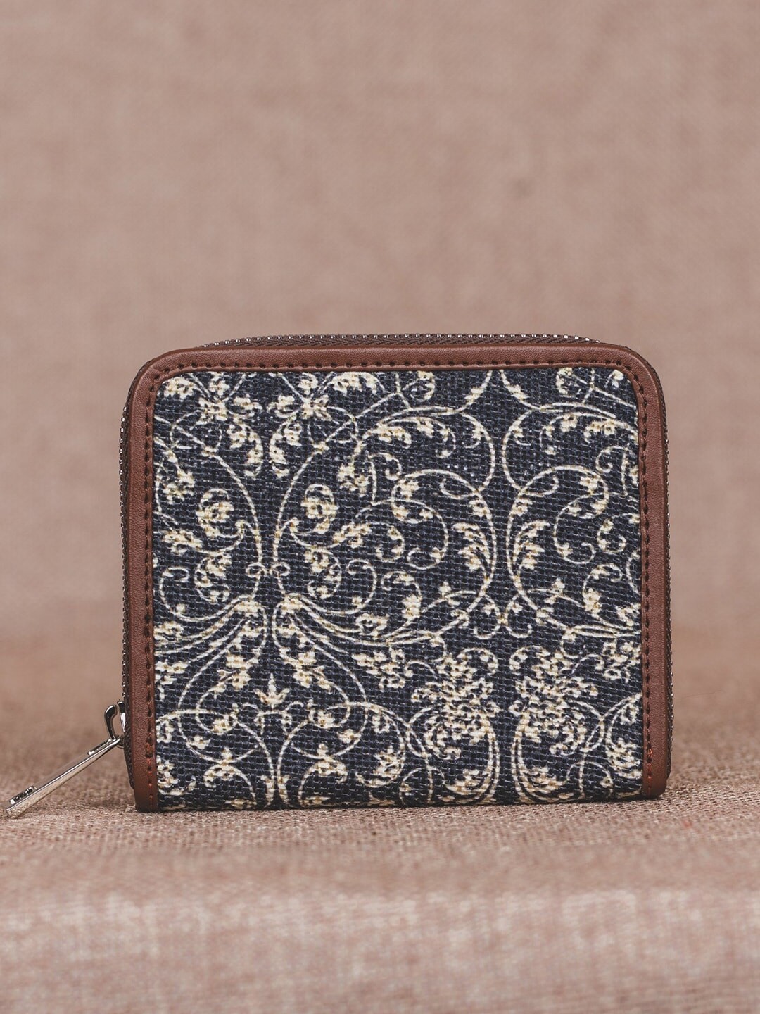 

ZOUK Women Navy Blue & Beige Printed Vegan Leather Zip Around Sustainable Wallet
