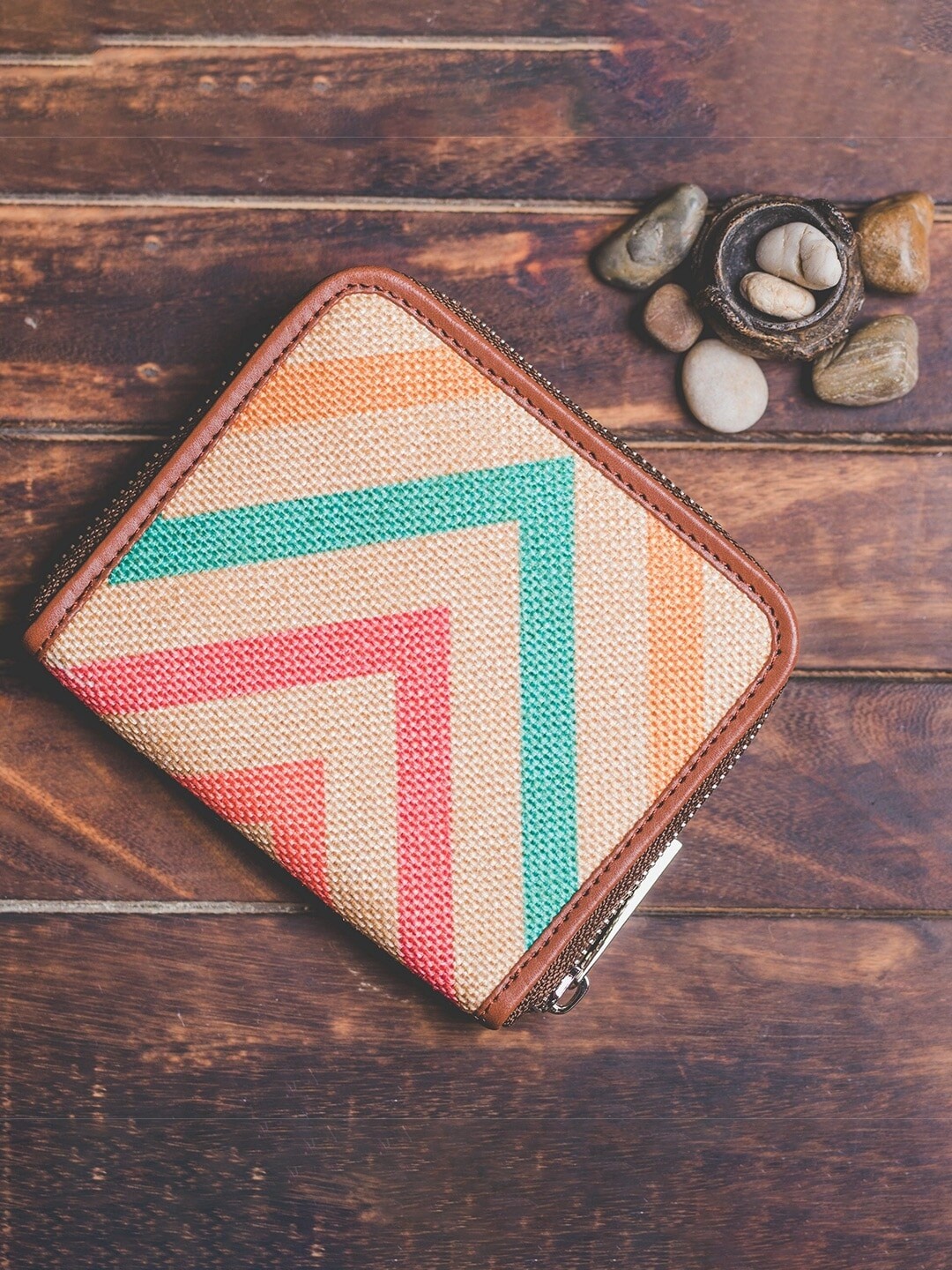 

ZOUK Women Beige & Blue Printed Vegan Leather Zip Around Mini Sustainable Wallet