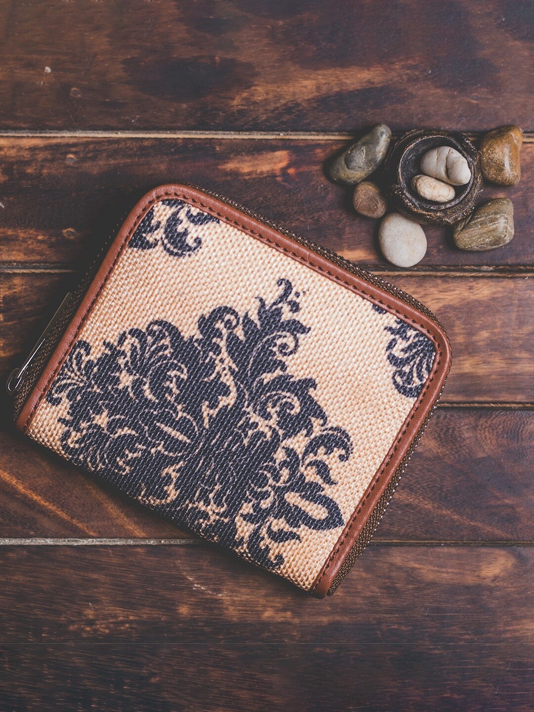 

ZOUK Women Beige & Black Printed Zip Around Sustainable Wallet