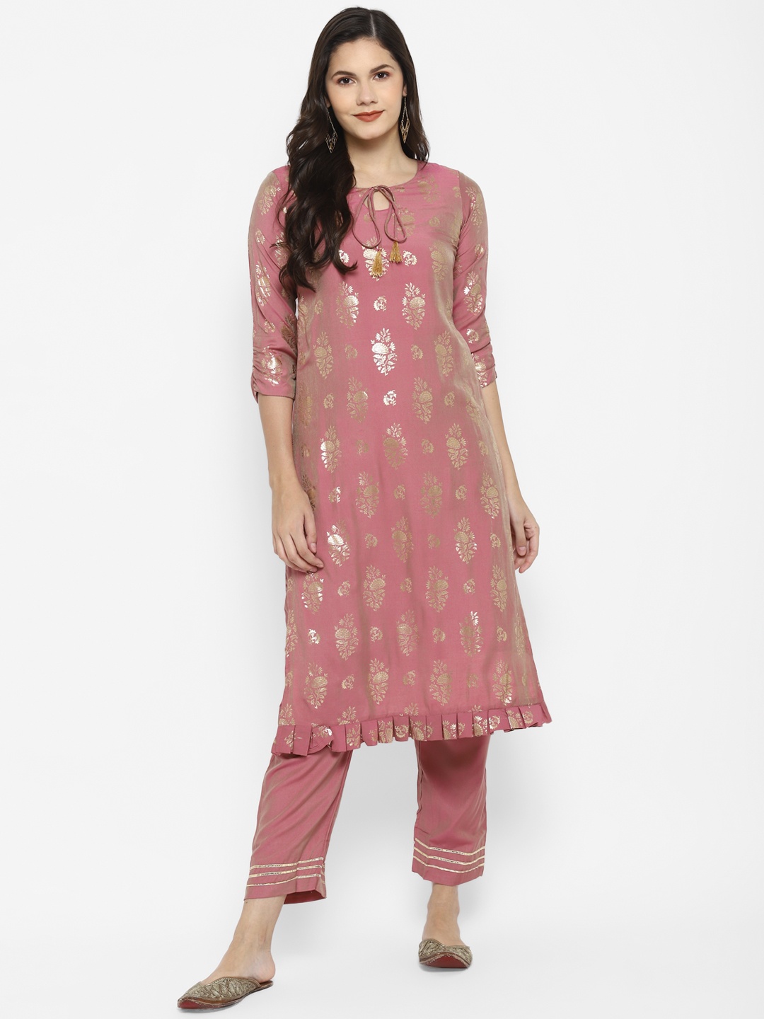 

VAABA Women Pink Ethnic Motifs Printed Straight Kurta with Trousers