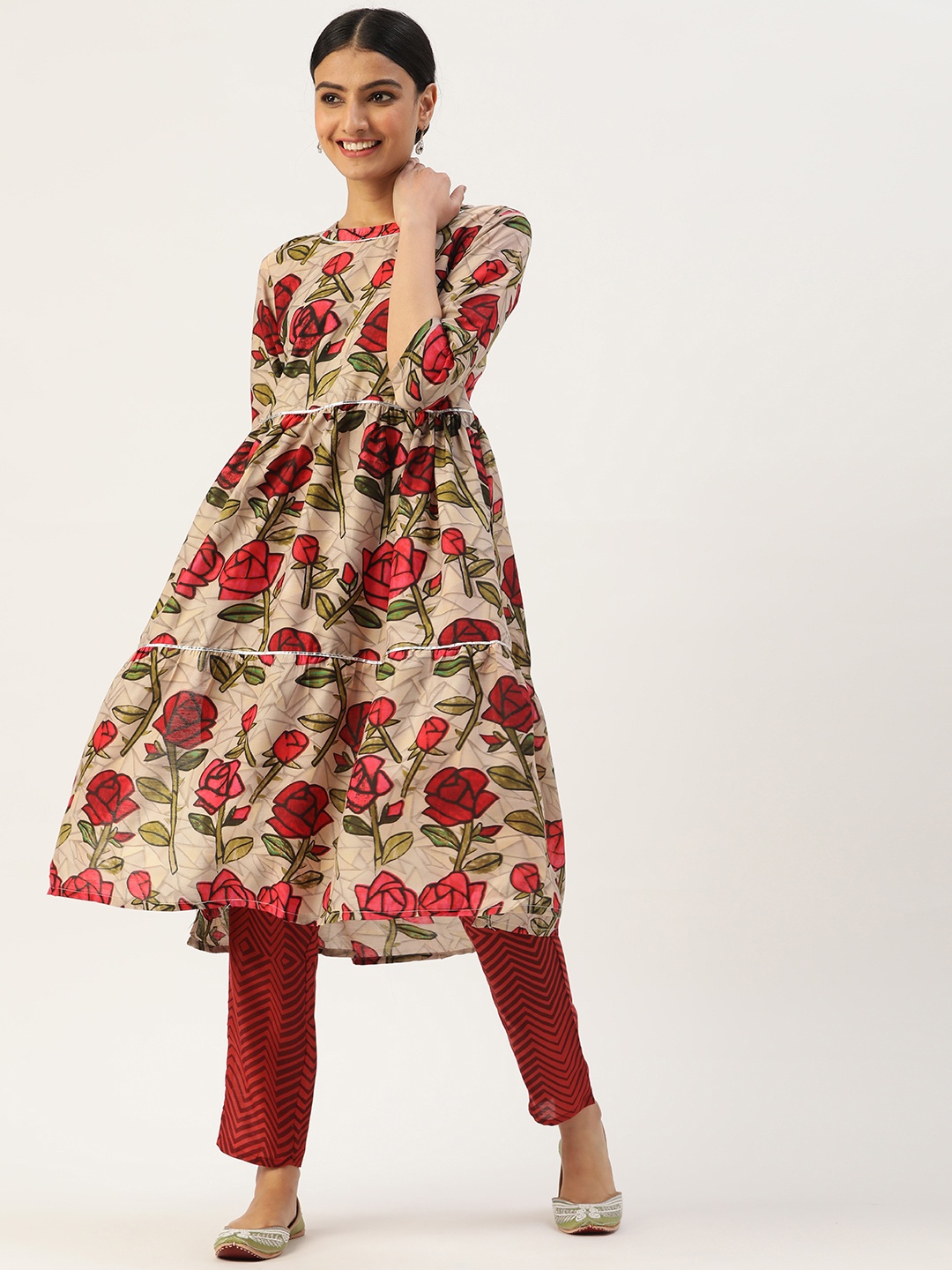 VAABA Women Beige & Maroon Floral Printed Panelled A-Line Kurta with Trousers