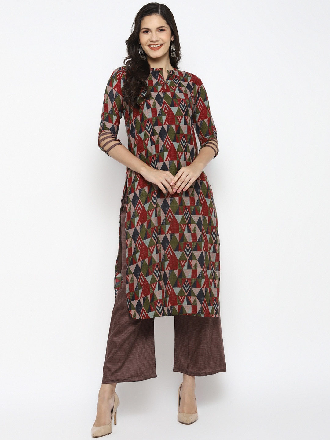 

VAABA Women Brown & Olive Green Printed Regular Straight Kurta with Palazzos