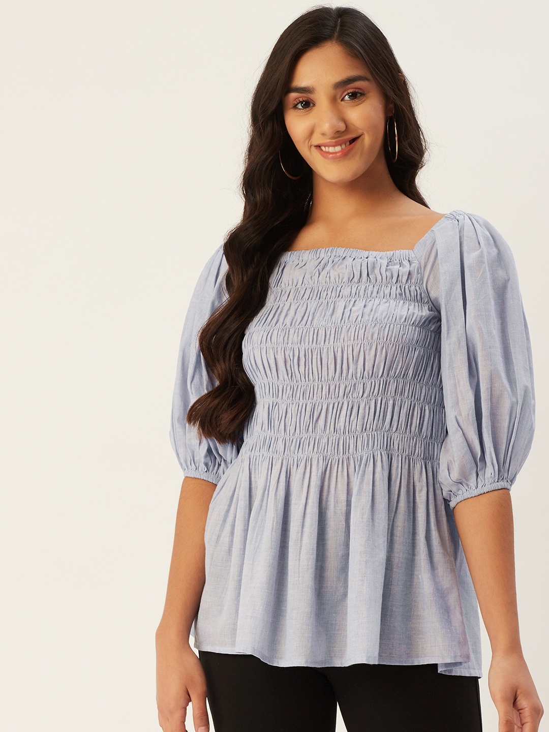 

Label Ritu Kumar Blue Puff Sleeves Smocked Chambray Top