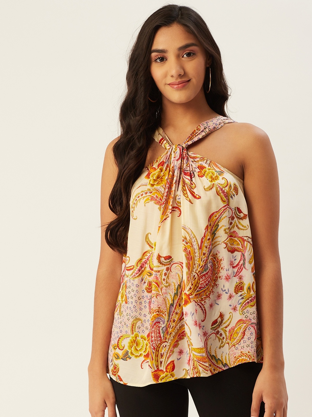 

Label Ritu Kumar Yellow & Orange Halter Neck Paisley Print Top