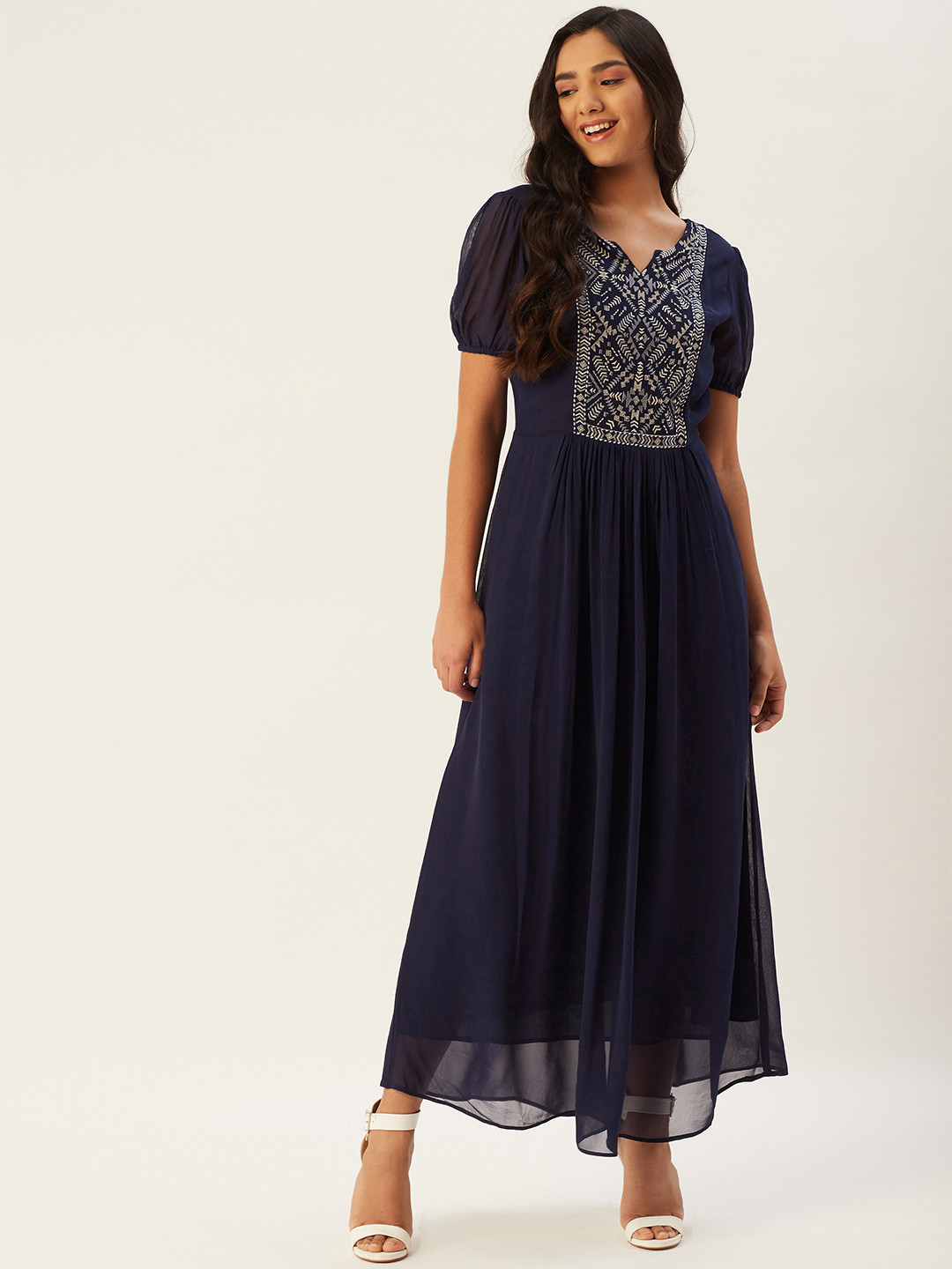 

Label Ritu Kumar Women Navy Blue & Off-White Ethnic Motifs Embroidered Maxi Dress