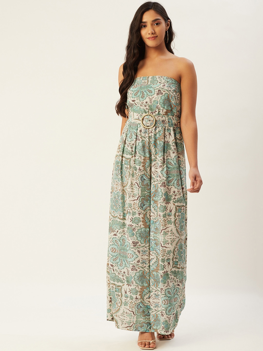 

Label Ritu Kumar Women Off-White & Green Strapless Ethnic Motifs Print Basic Jumpsuit