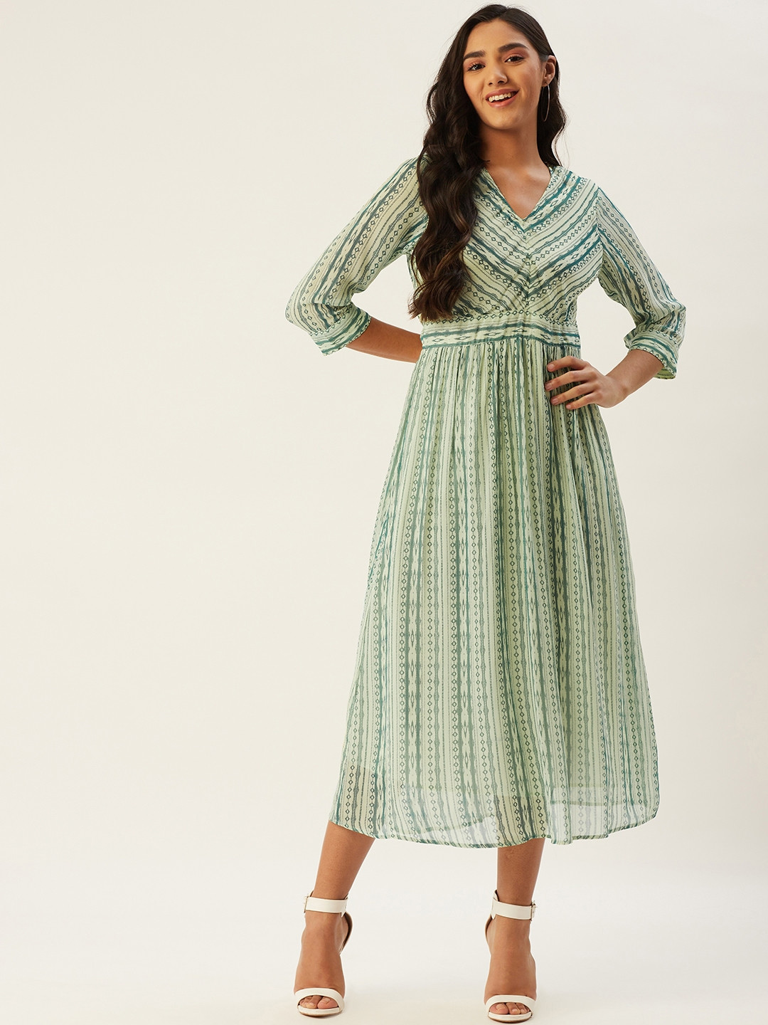 

Label Ritu Kumar Women Green & Cream-Coloured Geometric Print A-Line Midi Dress