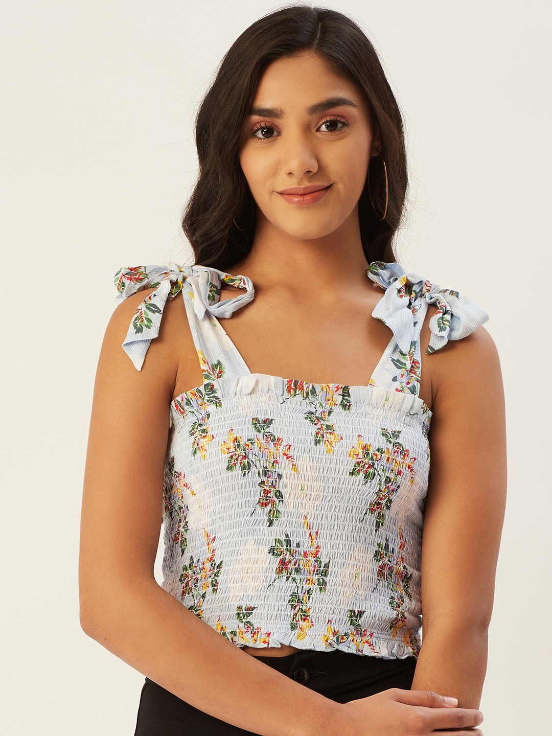 

Label Ritu Kumar Blue & Green Floral Print Tie-Up Shoulder Straps Detail Smocked Crop Top