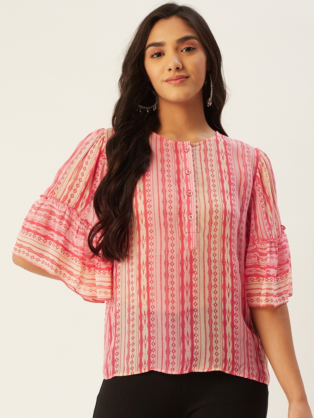 

Label Ritu Kumar Pink & Cream-Coloured Printed Sheer Top
