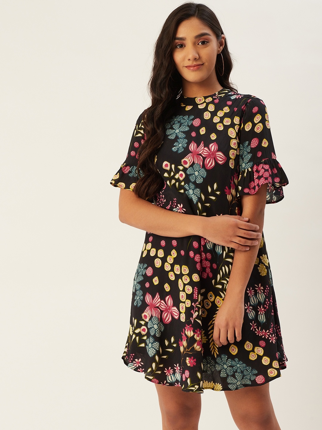 

Label Ritu Kumar Women Black & Pink Floral Print A-Line Dress