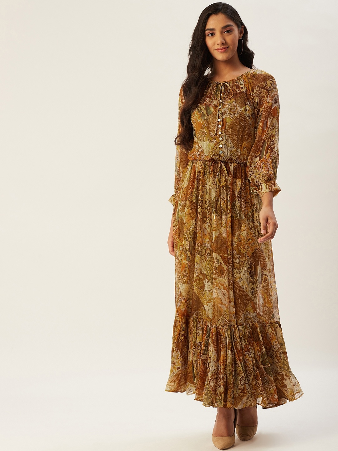 

Label Ritu Kumar Women Mustard Brown & Cream-Coloured Printed Tie-Up Neck Maxi Dress
