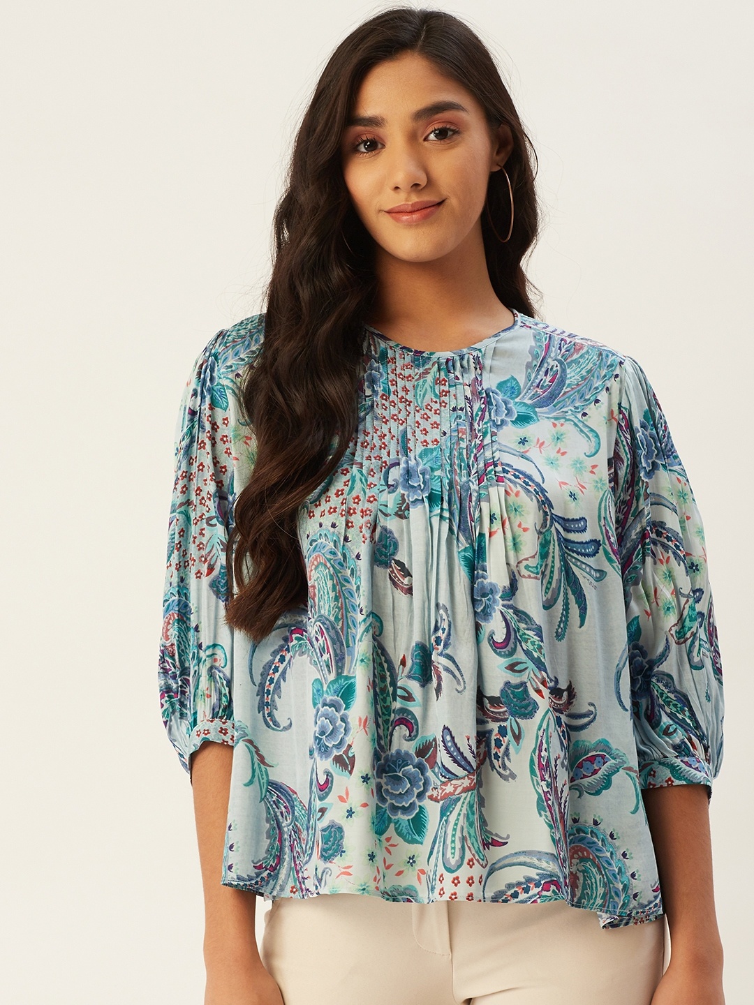 

Label Ritu Kumar Blue Puff Sleeves Paisley Print Styled Back Top