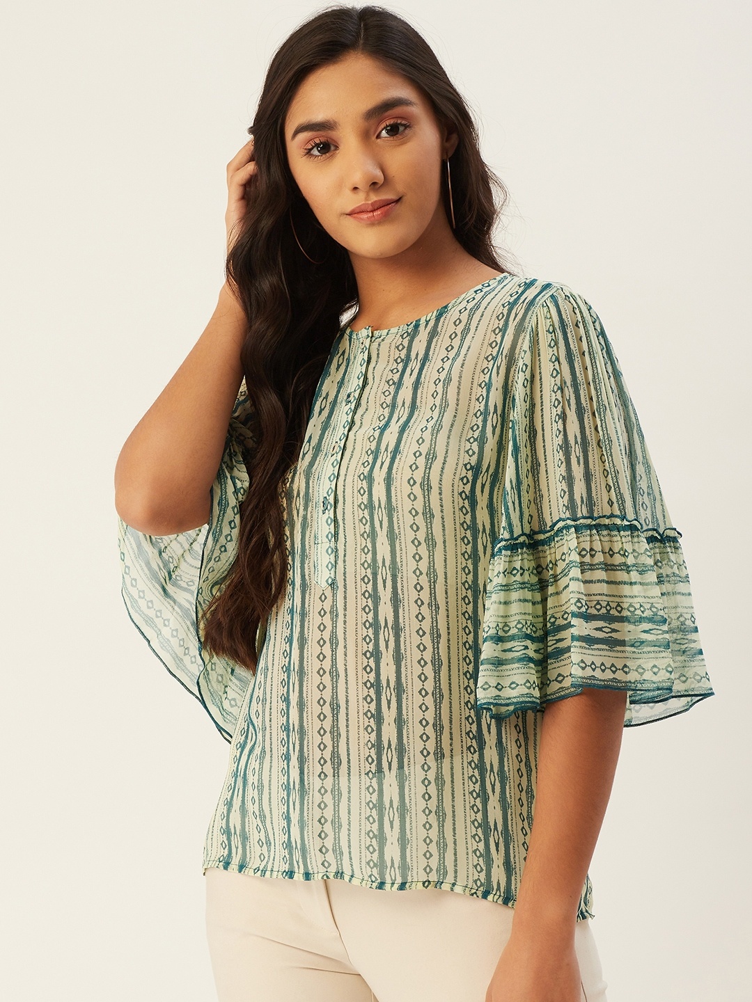 

Label Ritu Kumar Cream-Coloured & Teal Green Printed Sheer Top