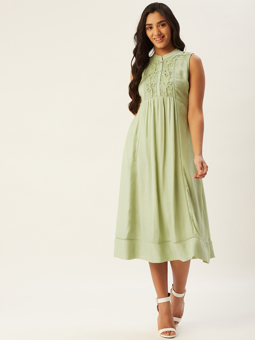 

Label Ritu Kumar Women Green Yoke Design Embroidered A-Line Midi Dress