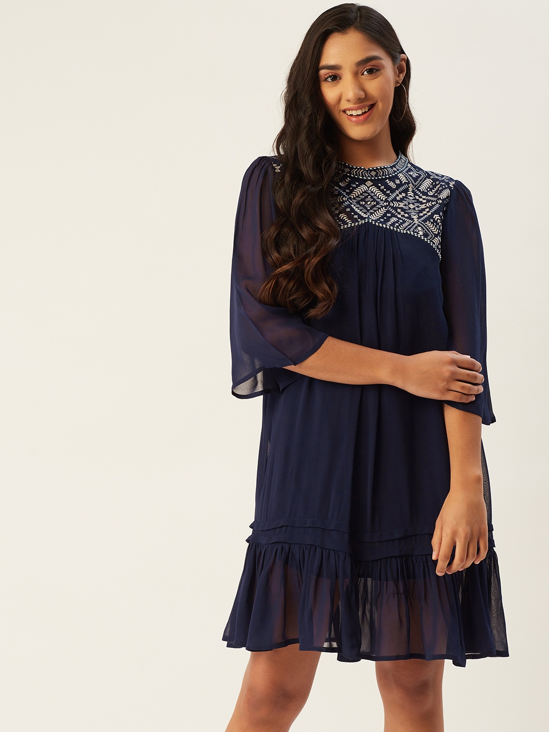 

Label Ritu Kumar Women Navy Blue & Off-White Ethnic Motifs Embroidered A-Line Dress