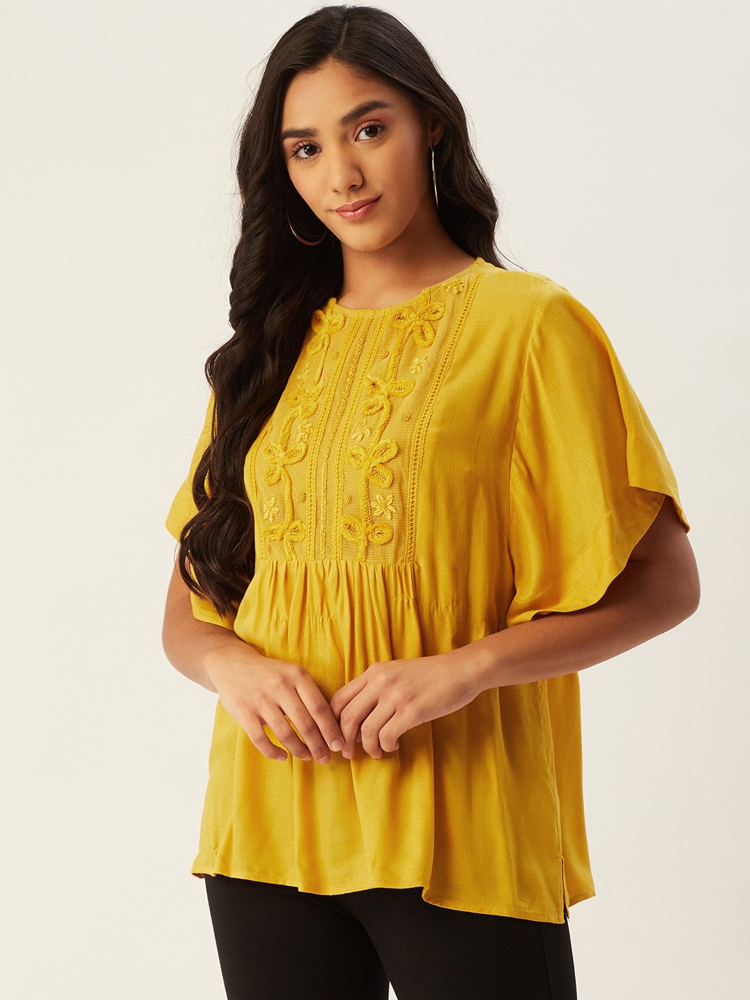 

Label Ritu Kumar Mustard Yellow Flutter Sleeve Styled Back Top with Applique Detail