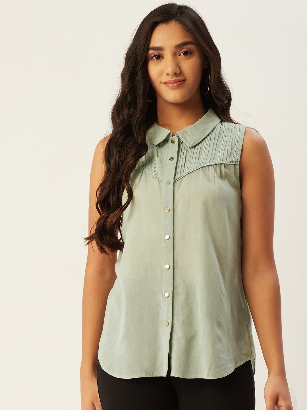 

Label Ritu Kumar Women Green Solid Pleated Detail Shirt Style Top