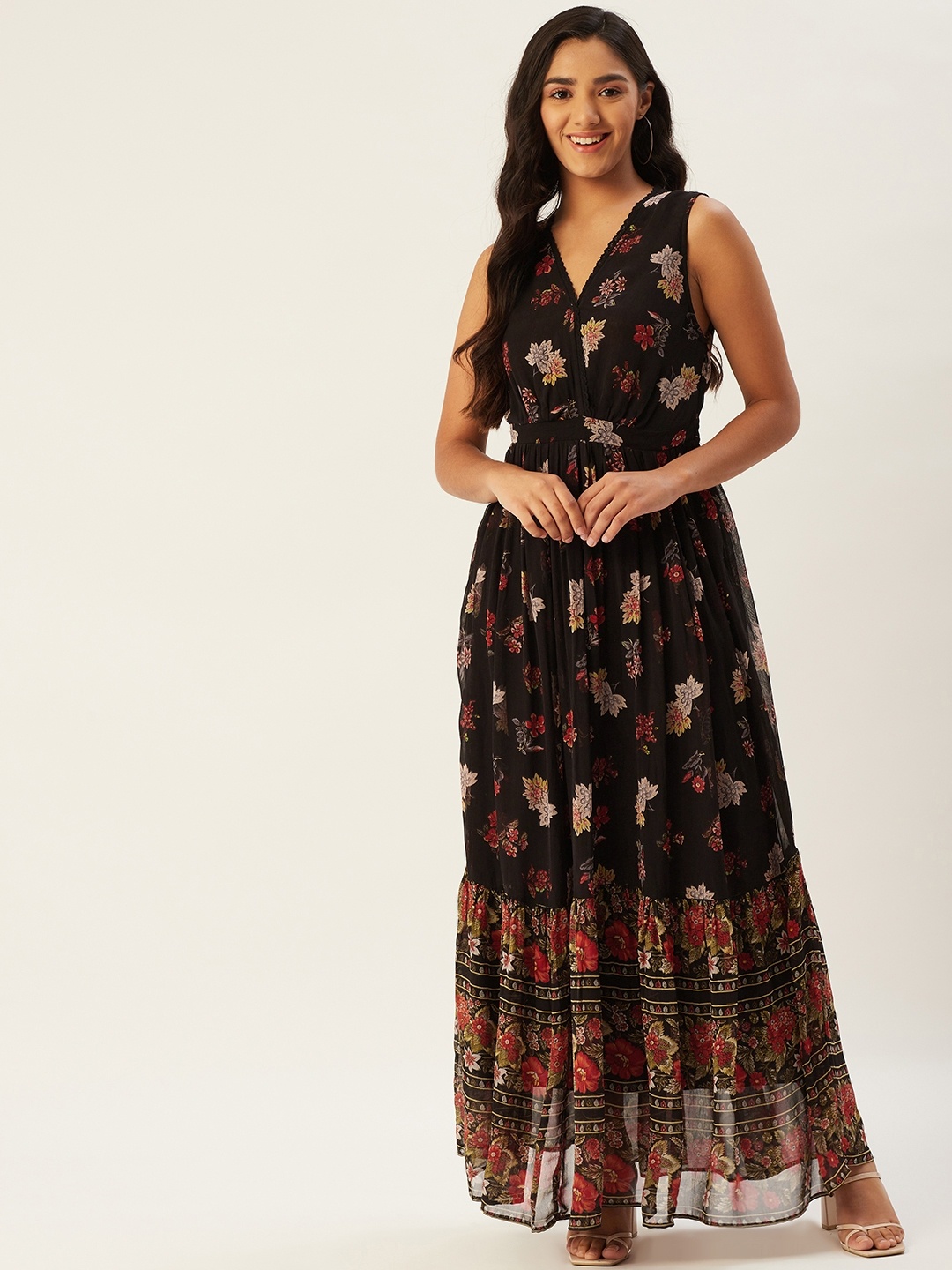 

Label Ritu Kumar Women Black & Red Floral Print Maxi Dress