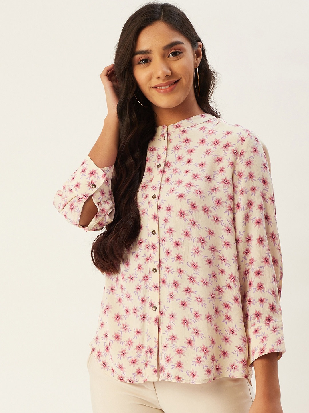 

Label Ritu Kumar Women Off-White & Pink Floral Print Casual Shirt