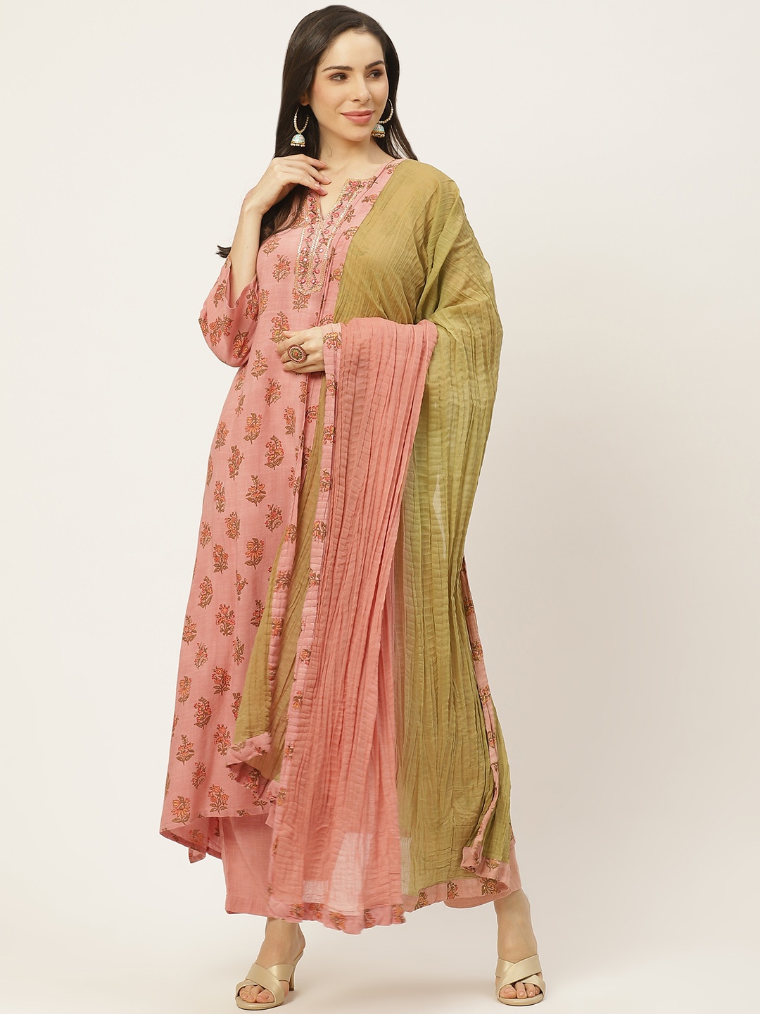

aarke Ritu Kumar Women Pink & Green Ethnic Motifs Mirror Work Kurta Set & Dupatta