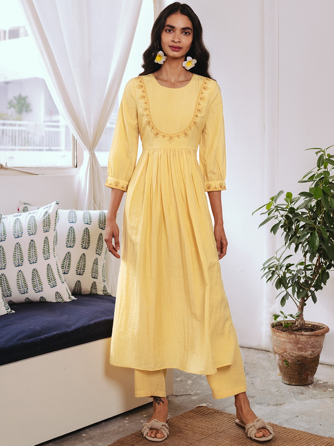

aarke Ritu Kumar Women Yellow Ethnic Motifs Yoke Design Thread Work Kurta with Palazzos