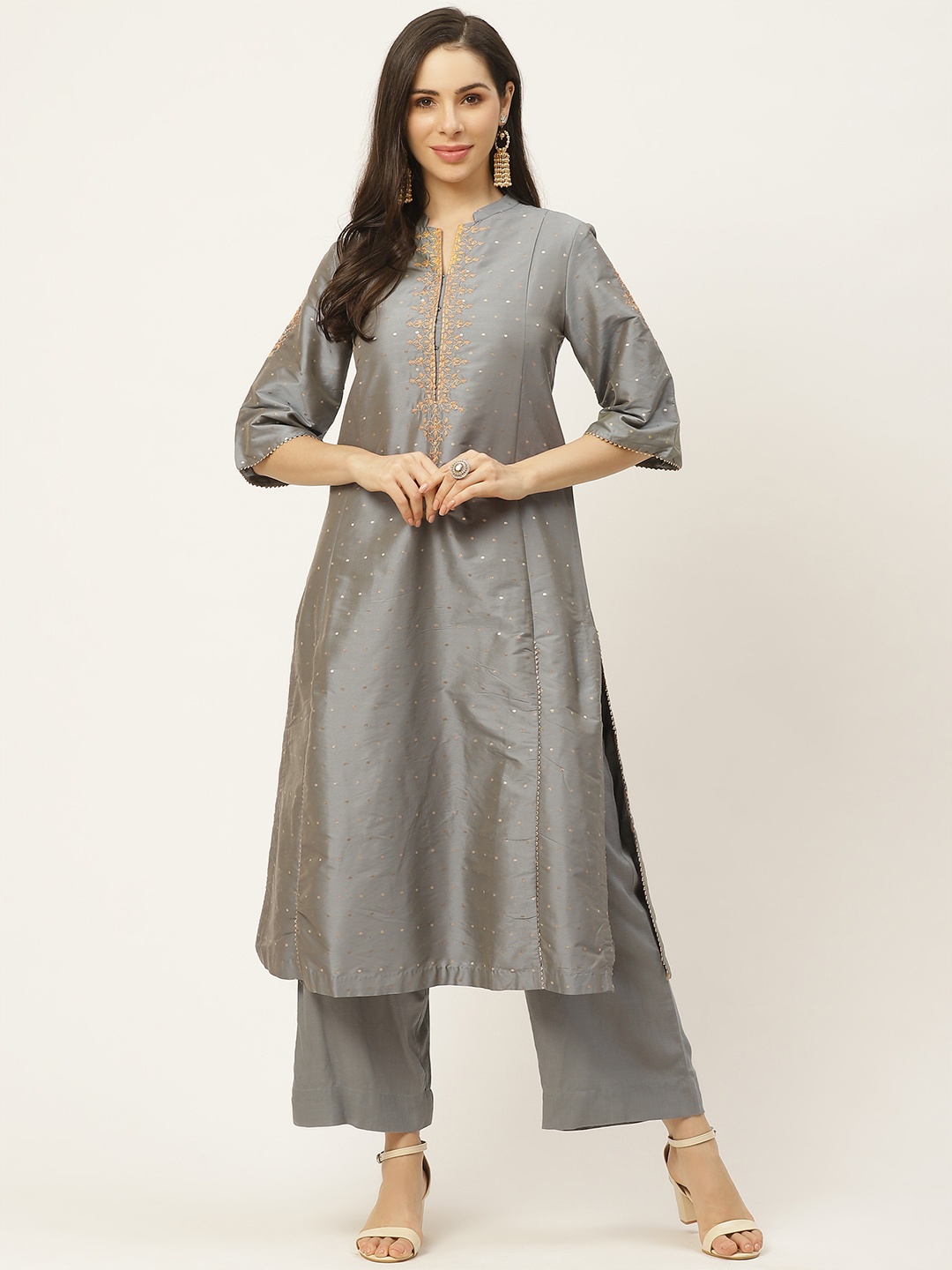 

aarke Ritu Kumar Women Grey Dotted Print Panelled A-Line Kurta with Palazzos