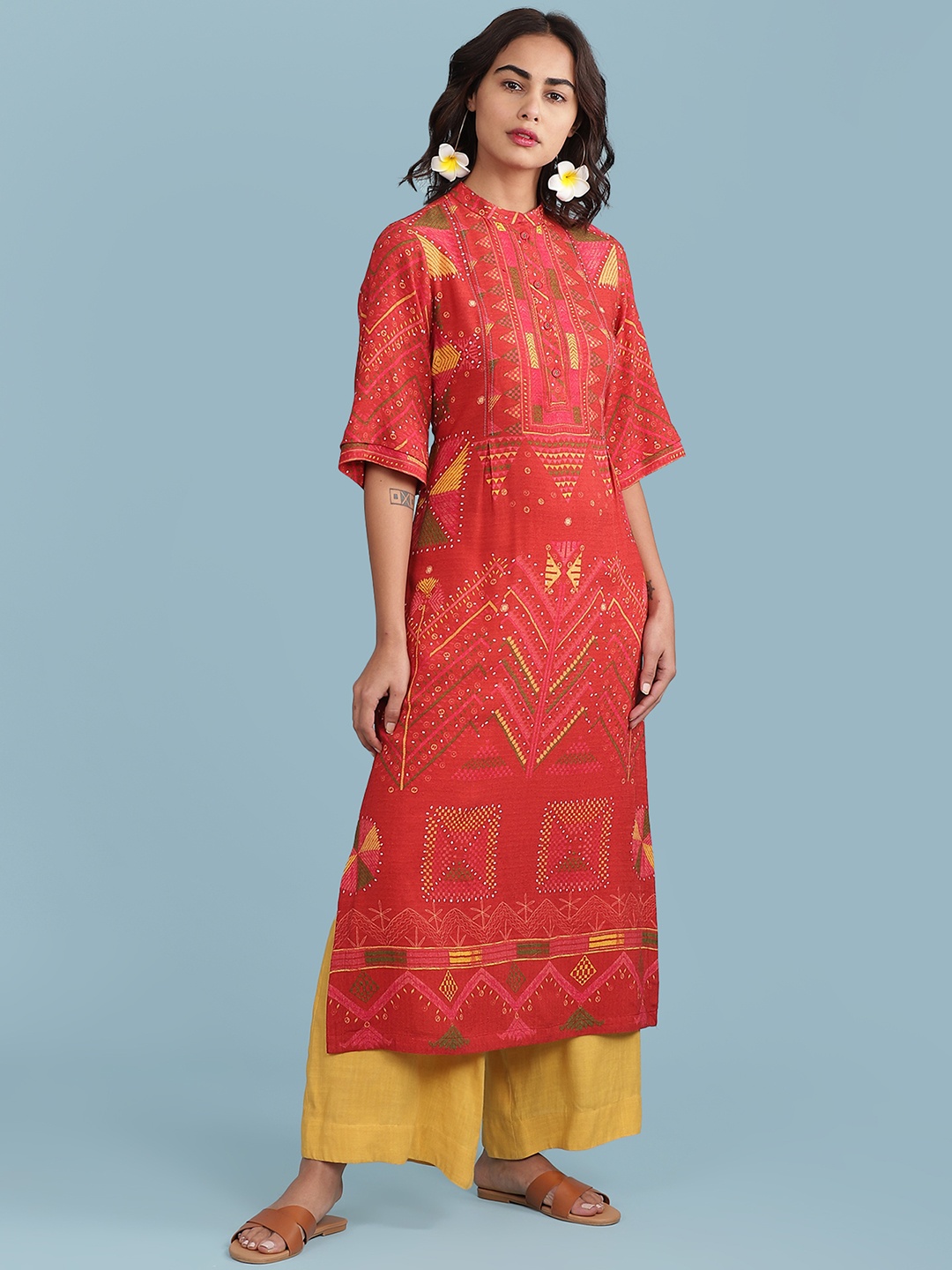 

aarke Ritu Kumar Women Red & Mustard Yellow Ethnic Motifs Printed Kurta with Palazzos