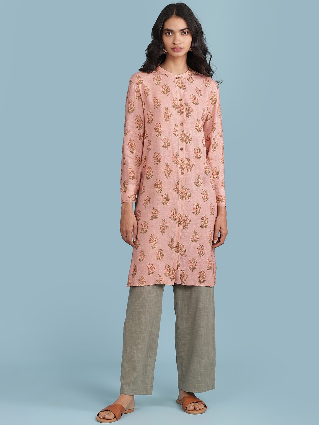 

aarke Ritu Kumar Women Pink & Green Ethnic Motifs Printed Kurta with Palazzos