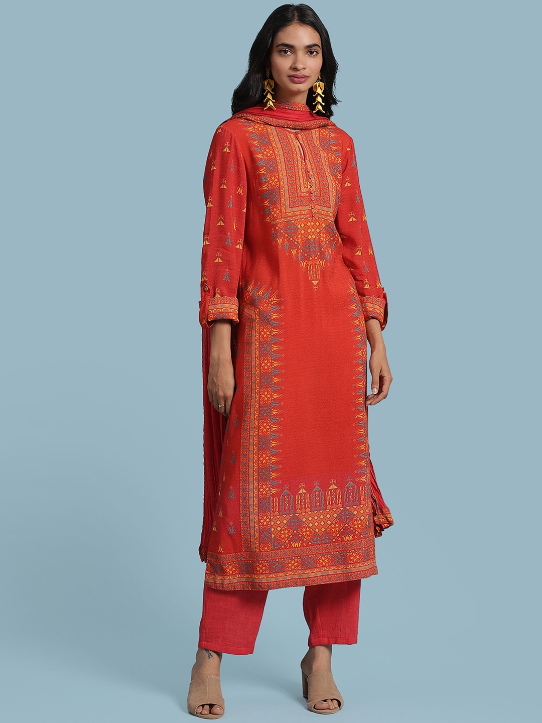 

aarke Ritu Kumar Women Rust Red Ethnic Motifs Printed Kurta with Palazzos & Dupatta