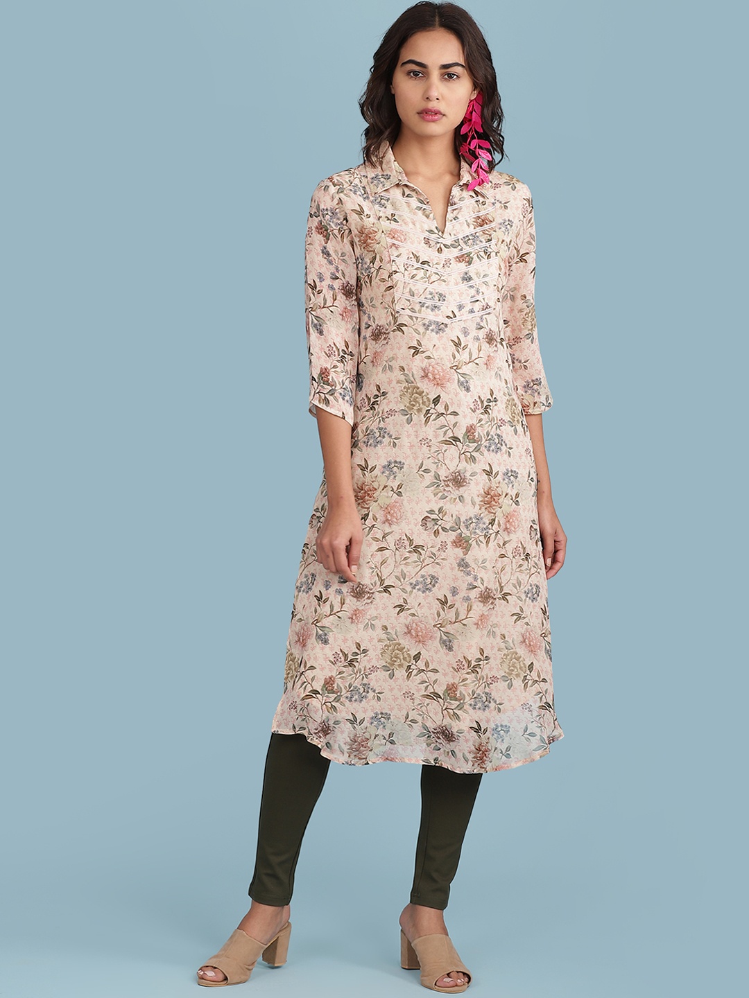 

aarke Ritu Kumar Women Beige & Pink Ethnic Motifs Printed Straight Kurta