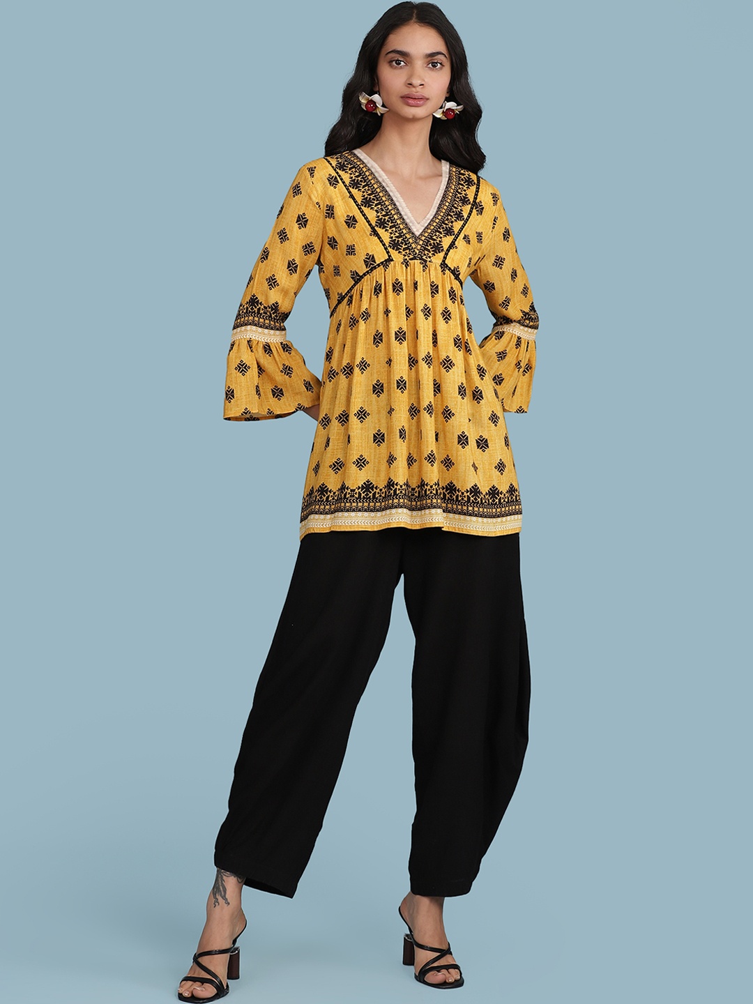 

aarke Ritu Kumar Women Mustard Yellow & Black Ethnic Motif Print A-Line Kurti