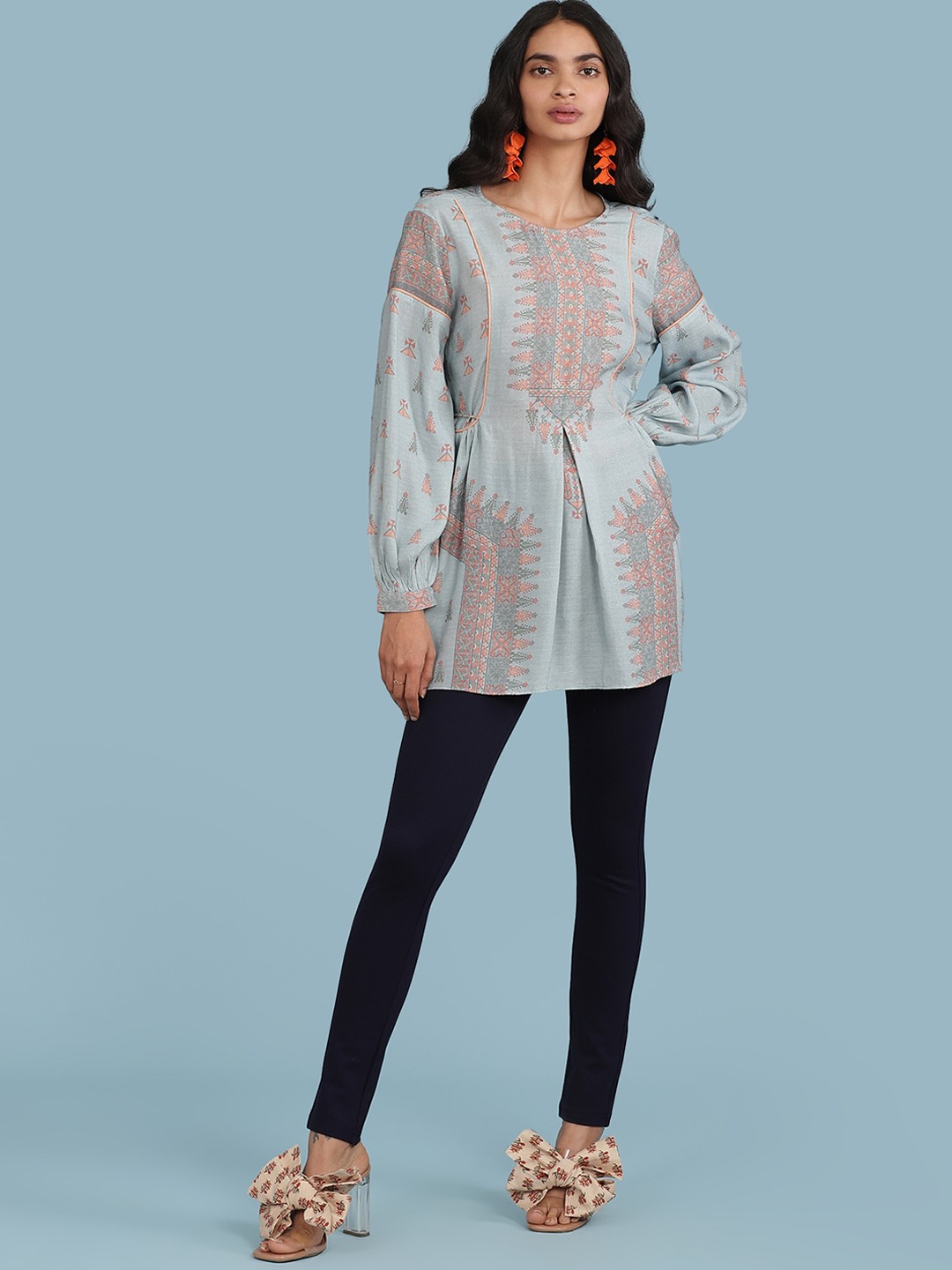 

aarke Ritu Kumar Women Blue & Pink Ethnic Motif Print A-Line Kurti