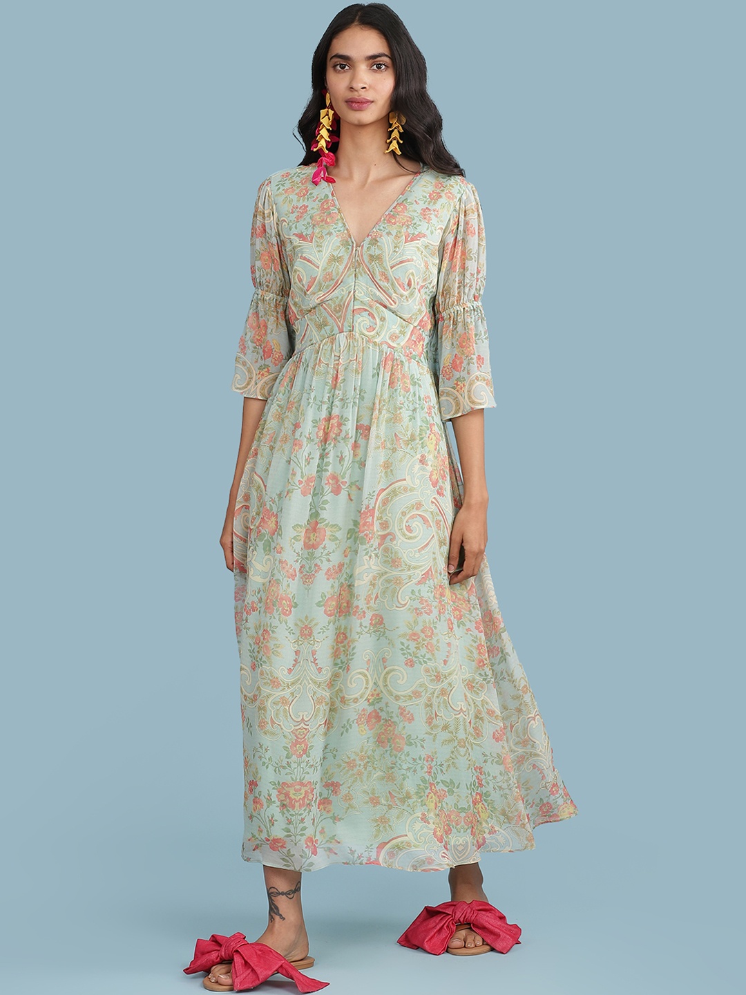 

aarke Ritu Kumar Green & Pink Ethnic Motifs Printed A-Line Midi Dress