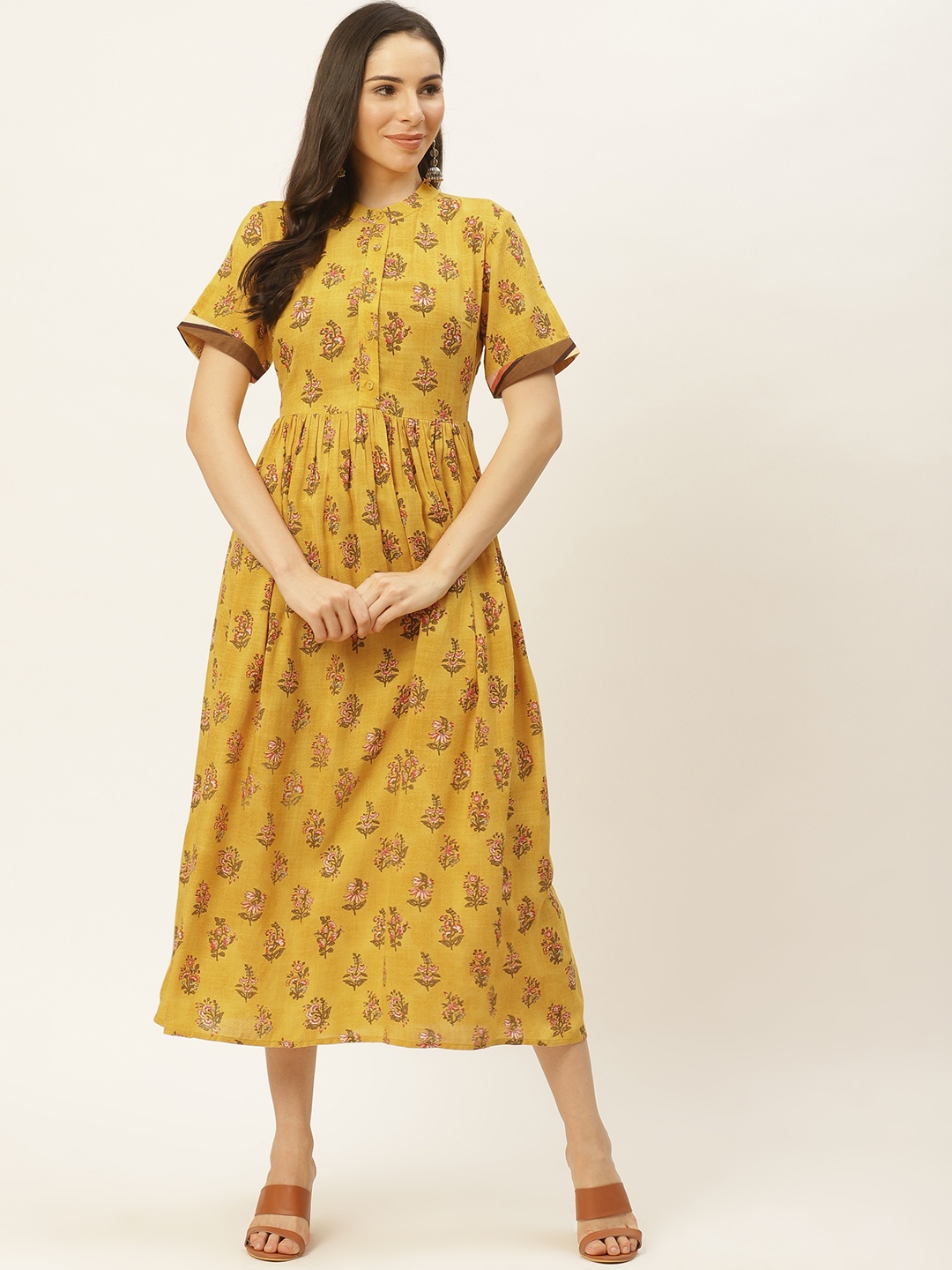 

aarke Ritu Kumar Mustard Yellow & Olive Green Floral Printed A-Line Midi Dress